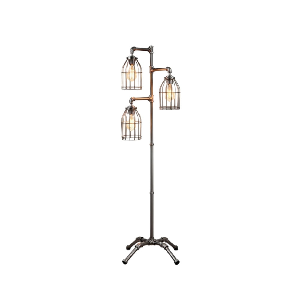 **Technische titel in het Nederlands: Vloerlamp met drievoudige industriële verlichting in metalen kooi**