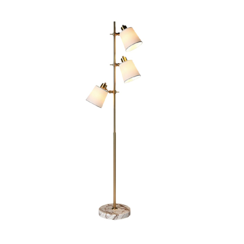 **Technische titel in het Nederlands: Moderne vloerlamp met drie verstelbare lampenkappen en marmeren voet**