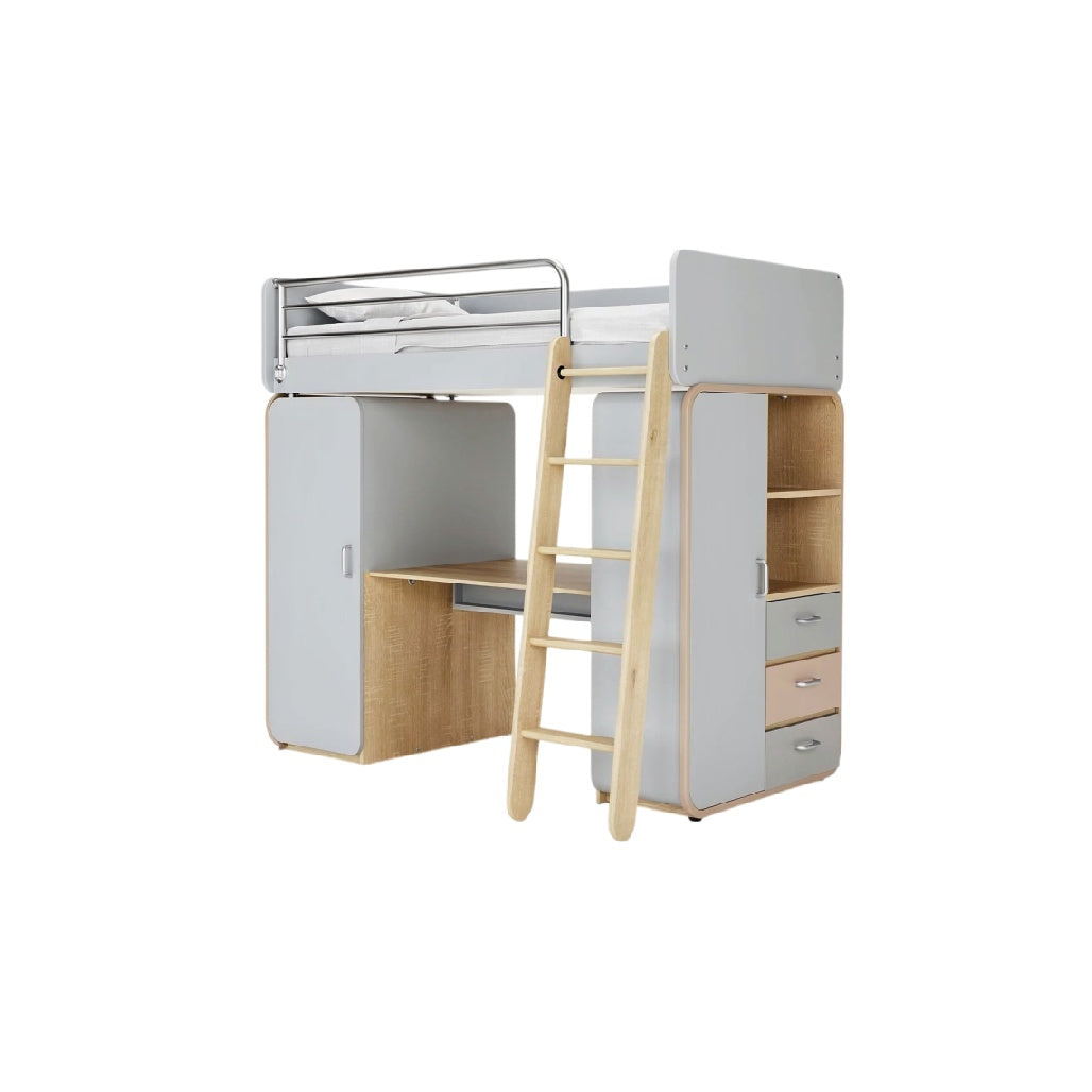 **Technische titel in het Nederlands: 'Houten stapelbed met bureau en opbergruimte'**