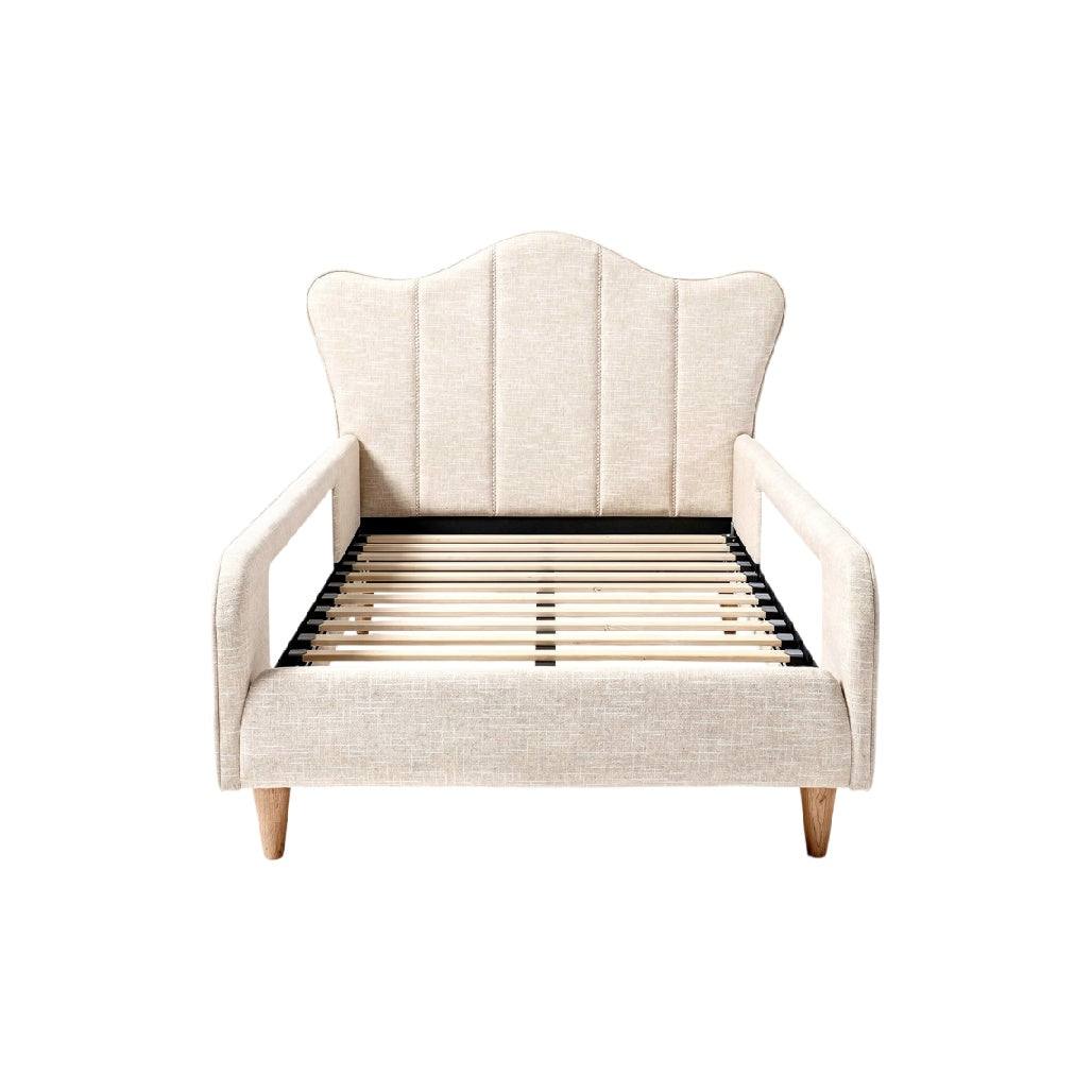 **Technische titel in het Nederlands: Elegante stoffen bedbank met houten lattenbodem**